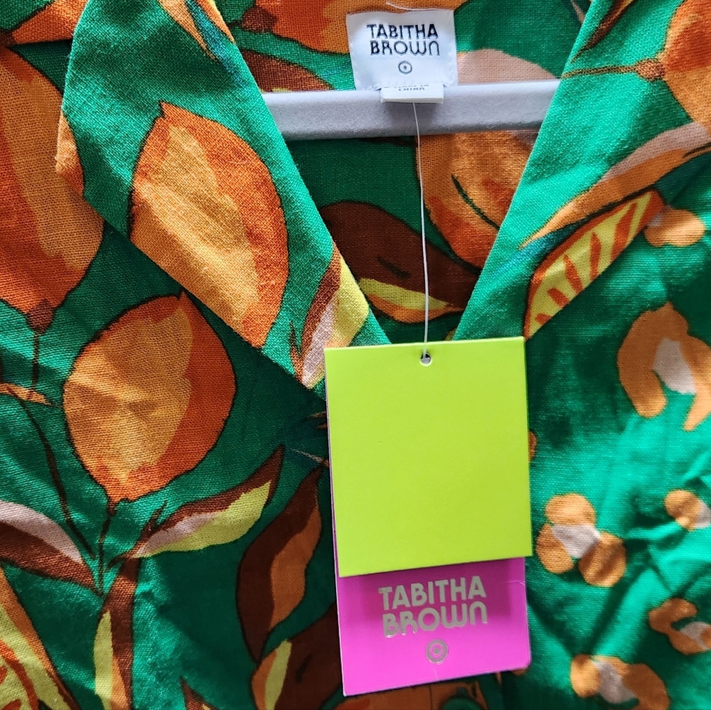 Tabitha Brown Leopard Orange Print Linen Blend Collared Shirt - Picture 5 of 5